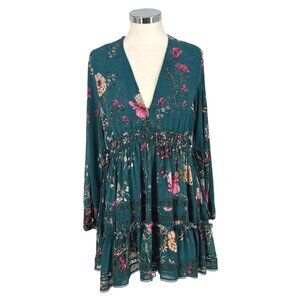 Free People Cherry Blossom Teal Floral Mini Dress Long Sleeve Size XS
